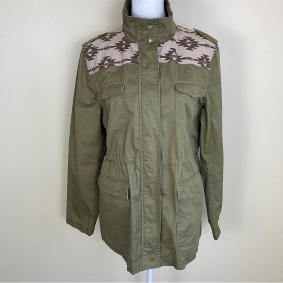 Earthbound Trading Khaki Green Utility Jacket Western Aztec Southwest Print Sz S - Picture 2 of 16